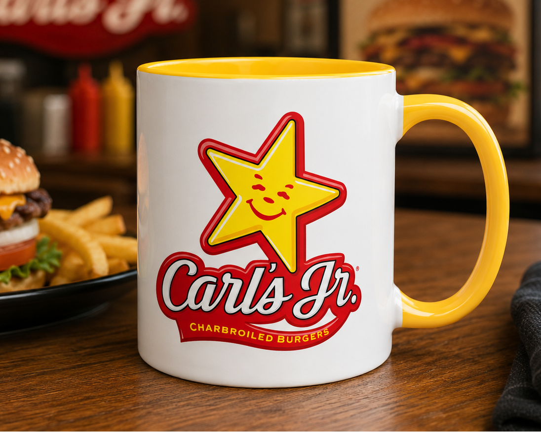 Carl's Jr. logo coffee mug featuring the iconic smiling star and charbroiled burgers branding on a white ceramic mug with yellow handle and interior, perfect for fast food memorabilia collectors.