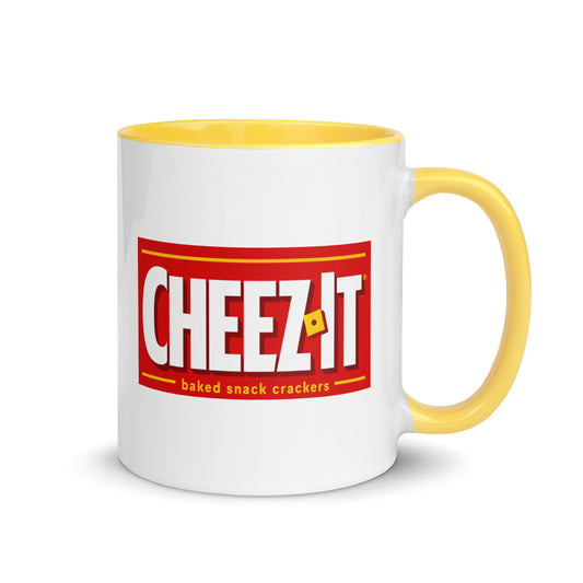 Cheez-It baked snack crackers coffee mug with yellow accent handle and interior, featuring the iconic snack brand logo on a white ceramic mug for collectors, snack lovers, and retro advertising fans.