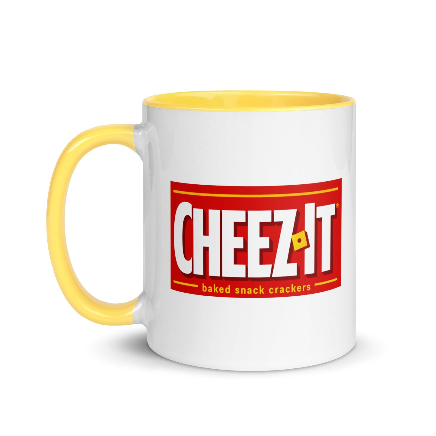 Cheez-It themed coffee mug featuring the classic cracker brand logo, nostalgic snack food drinkware gift for collectors, office coworkers, and cheese cracker lovers.