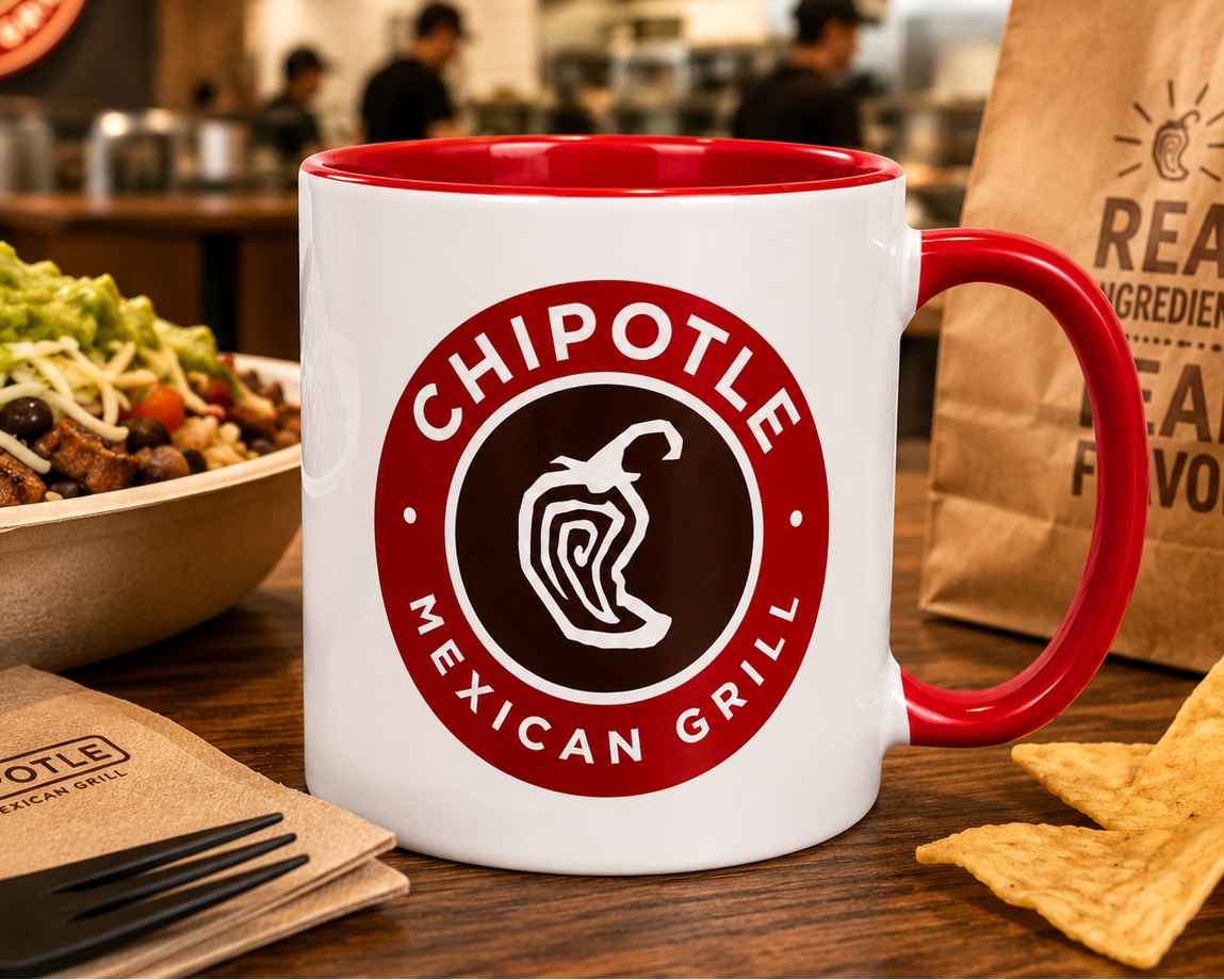 Chipotle Mexican Grill logo coffee mug featuring the iconic red pepper emblem on a white ceramic mug with red handle and interior, perfect for burrito lovers and restaurant brand collectors.