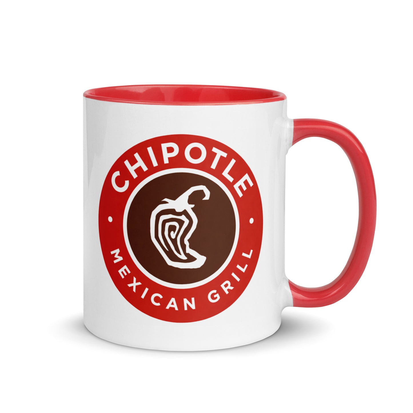 Chipotle Mexican Grill logo coffee mug featuring the iconic red pepper emblem on a white ceramic mug with red handle and interior, perfect for burrito lovers and restaurant brand collectors.