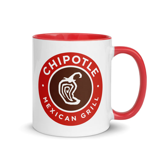 Chipotle Mexican Grill logo coffee mug featuring the iconic red pepper emblem on a white ceramic mug with red handle and interior, perfect for burrito lovers and restaurant brand collectors.