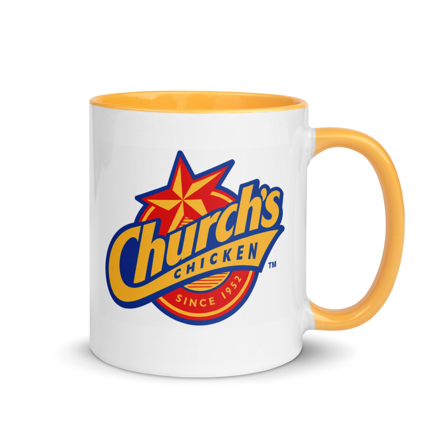 Church's Chicken logo coffee mug featuring the classic Church's Chicken star logo on a white ceramic mug with golden yellow handle and interior, perfect for fast food fans and nostalgic restaurant memorabilia collectors.