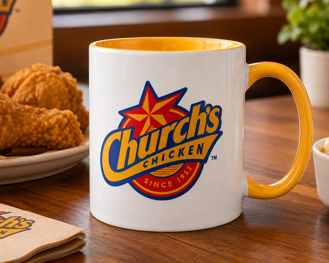 Church's Chicken logo coffee mug featuring the classic Church's Chicken star logo on a white ceramic mug with golden yellow handle and interior, perfect for fast food fans and nostalgic restaurant memorabilia collectors.