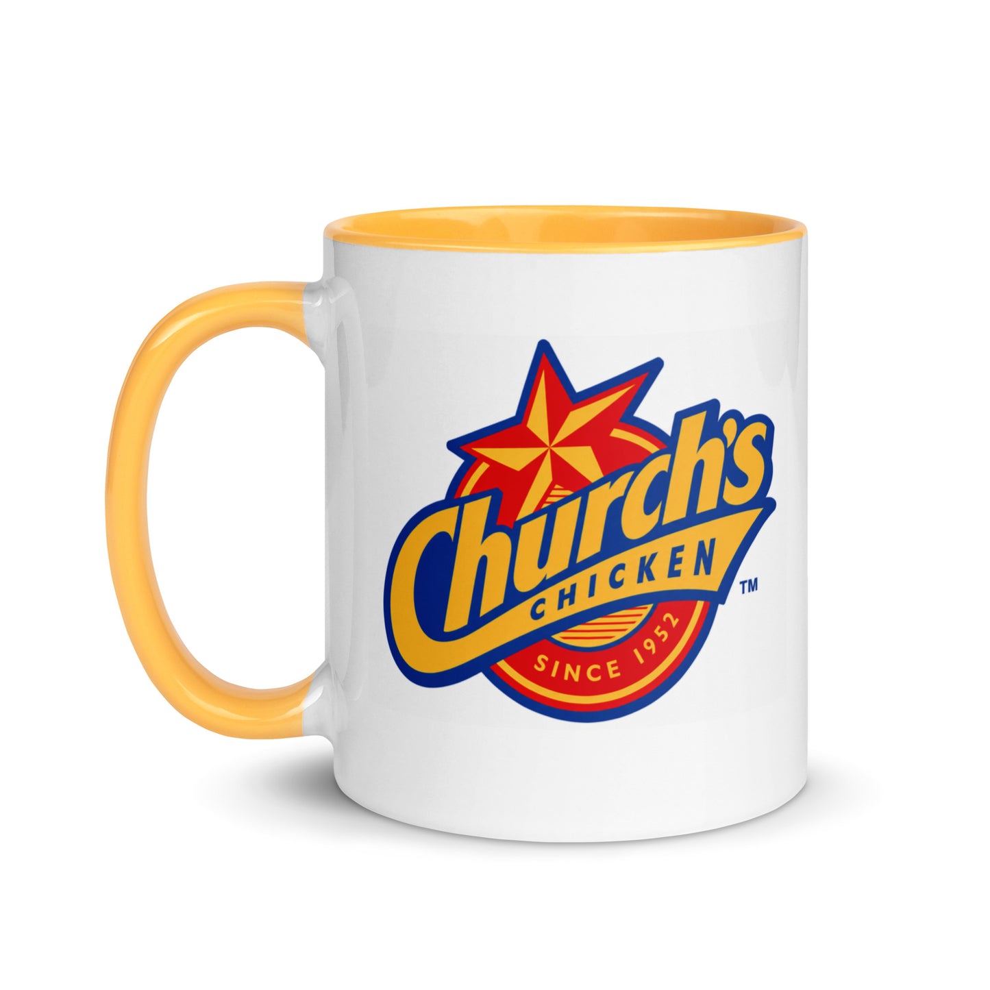 Vintage Church's Chicken ceramic coffee mug with the iconic star logo and golden yellow accents, an ideal gift for fried chicken lovers, retro restaurant enthusiasts, and advertising collectors.