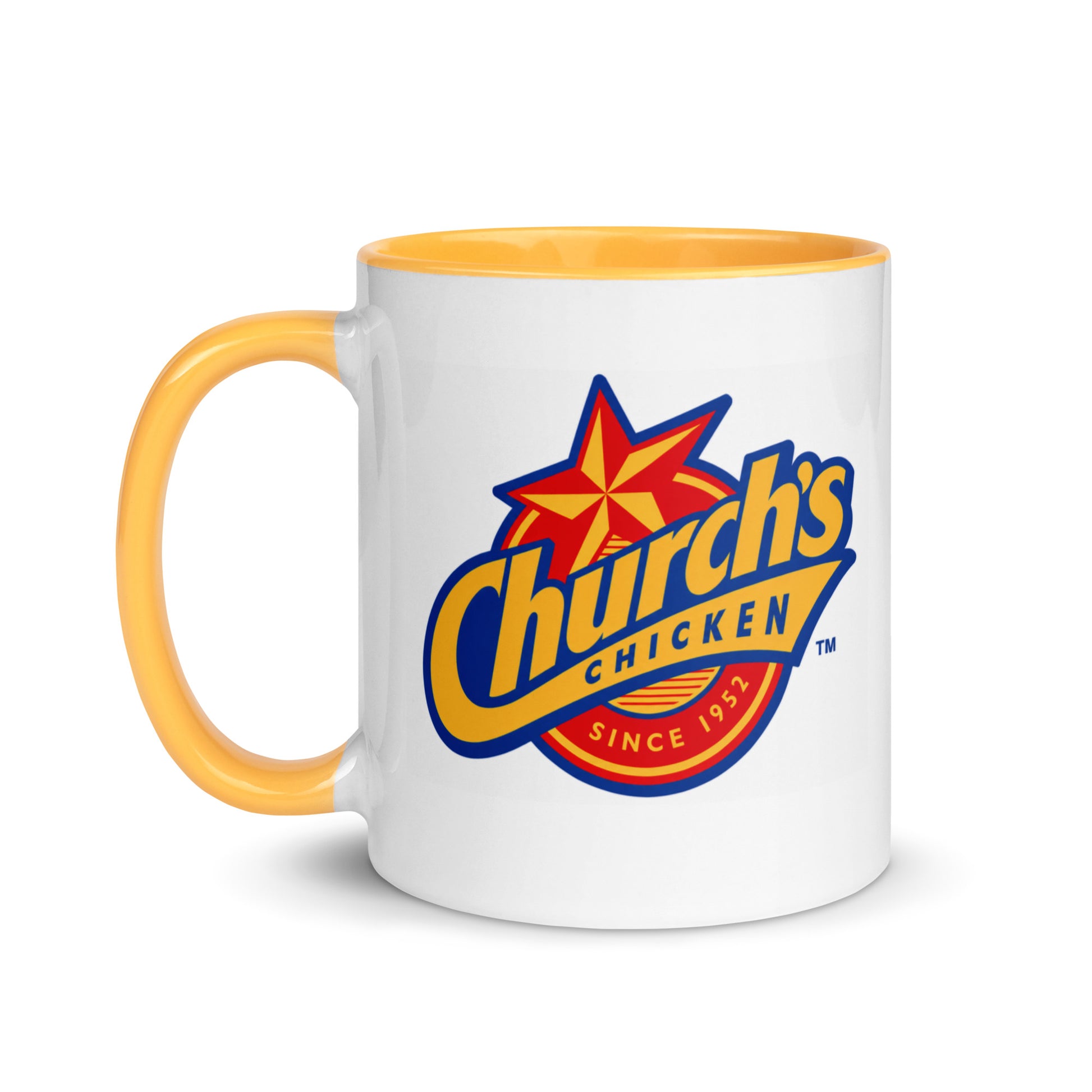 Vintage Church's Chicken ceramic coffee mug with the iconic star logo and golden yellow accents, an ideal gift for fried chicken lovers, retro restaurant enthusiasts, and advertising collectors.