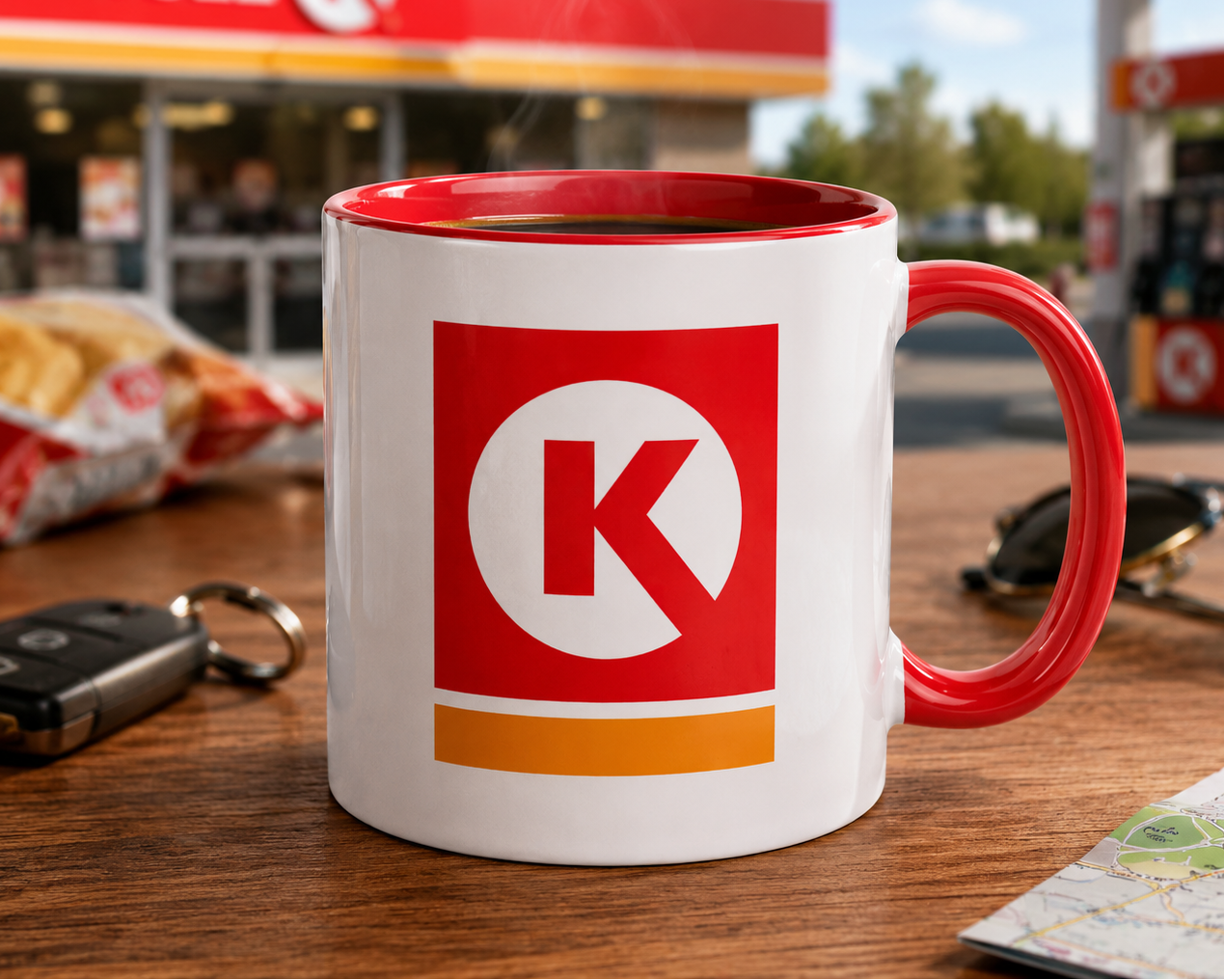 Retro Circle K convenience store coffee mug showcasing the iconic vintage logo, ideal for nostalgic brand collectors, travel lovers, and classic advertising enthusiasts.