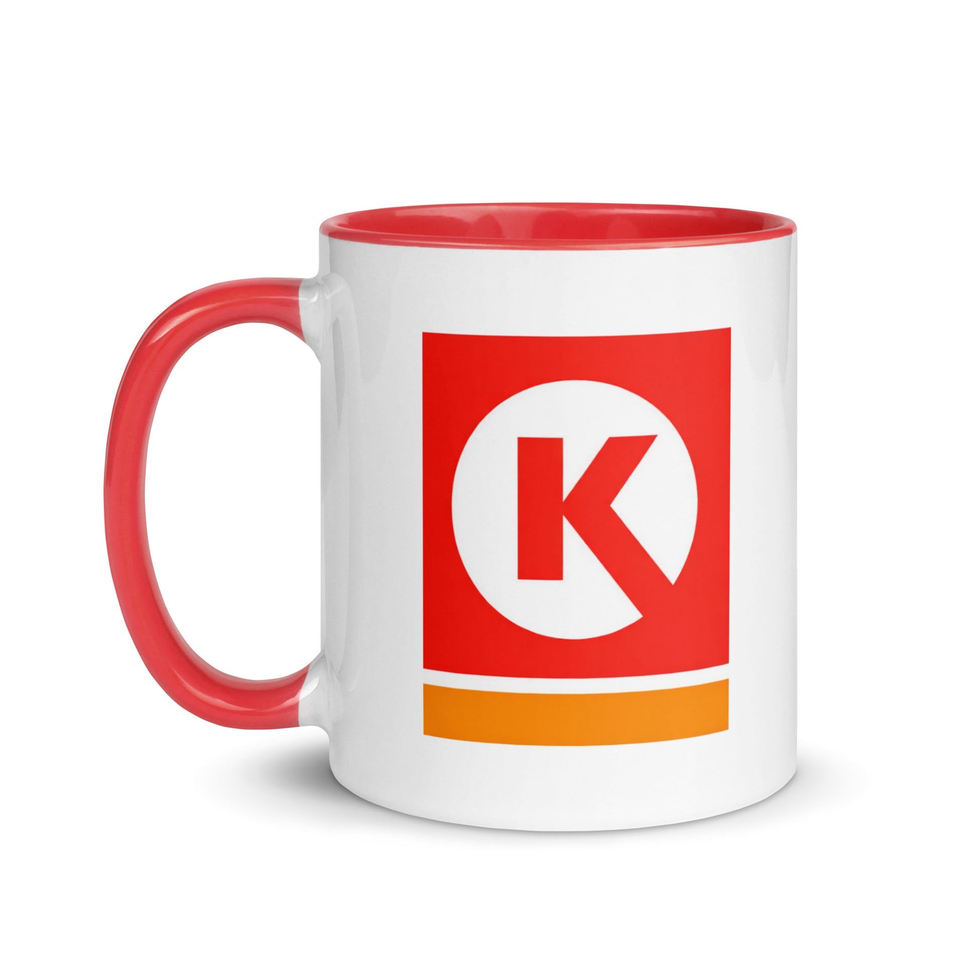 Vintage Circle K logo coffee mug featuring the classic red and white convenience store emblem, perfect for gas station memorabilia collectors, road trip enthusiasts, and Americana fans.