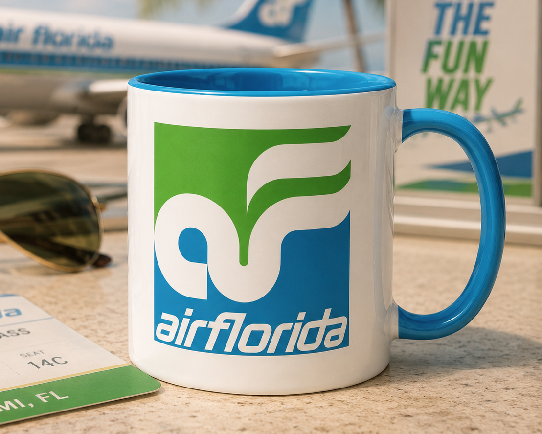 Air Florida coffee mug featuring classic green and blue airline logo on white ceramic with blue handle and interior