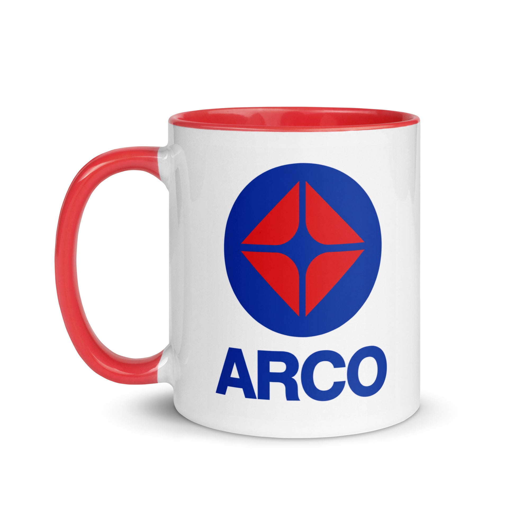 Classic ARCO gas station logo coffee mug featuring iconic red and blue petroleum brand design on white ceramic with red handle and interior.