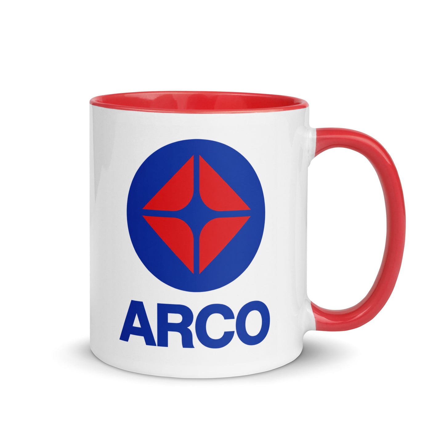 Vintage-style ARCO 11 oz ceramic coffee mug with classic red and blue service station logo, nostalgic gas station and Americana collectible.