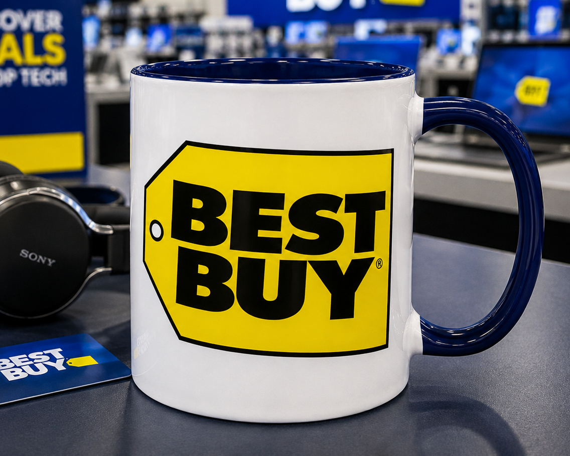 Best Buy 11 oz ceramic coffee mug featuring iconic yellow and black price tag logo with dark blue handle and interior