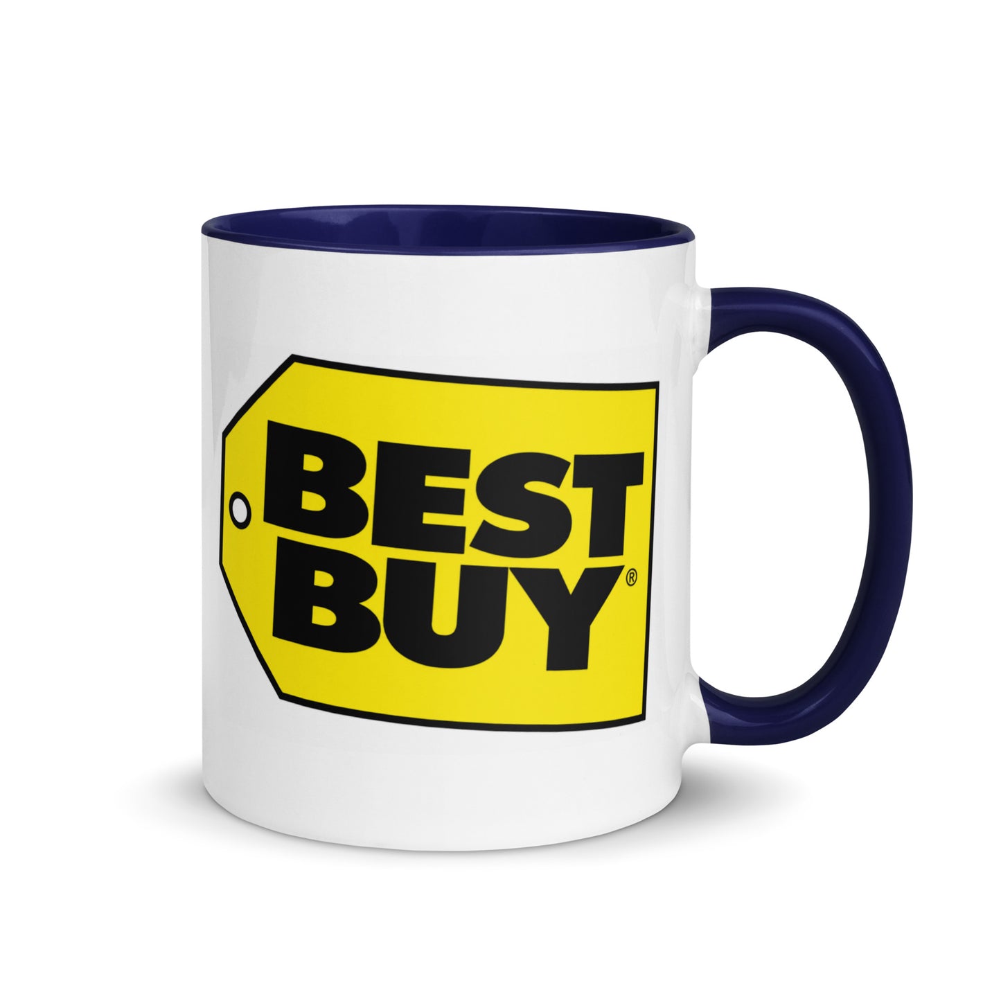 Best Buy logo coffee mug with classic yellow price tag design, 11 oz white ceramic mug with dark blue handle and interior