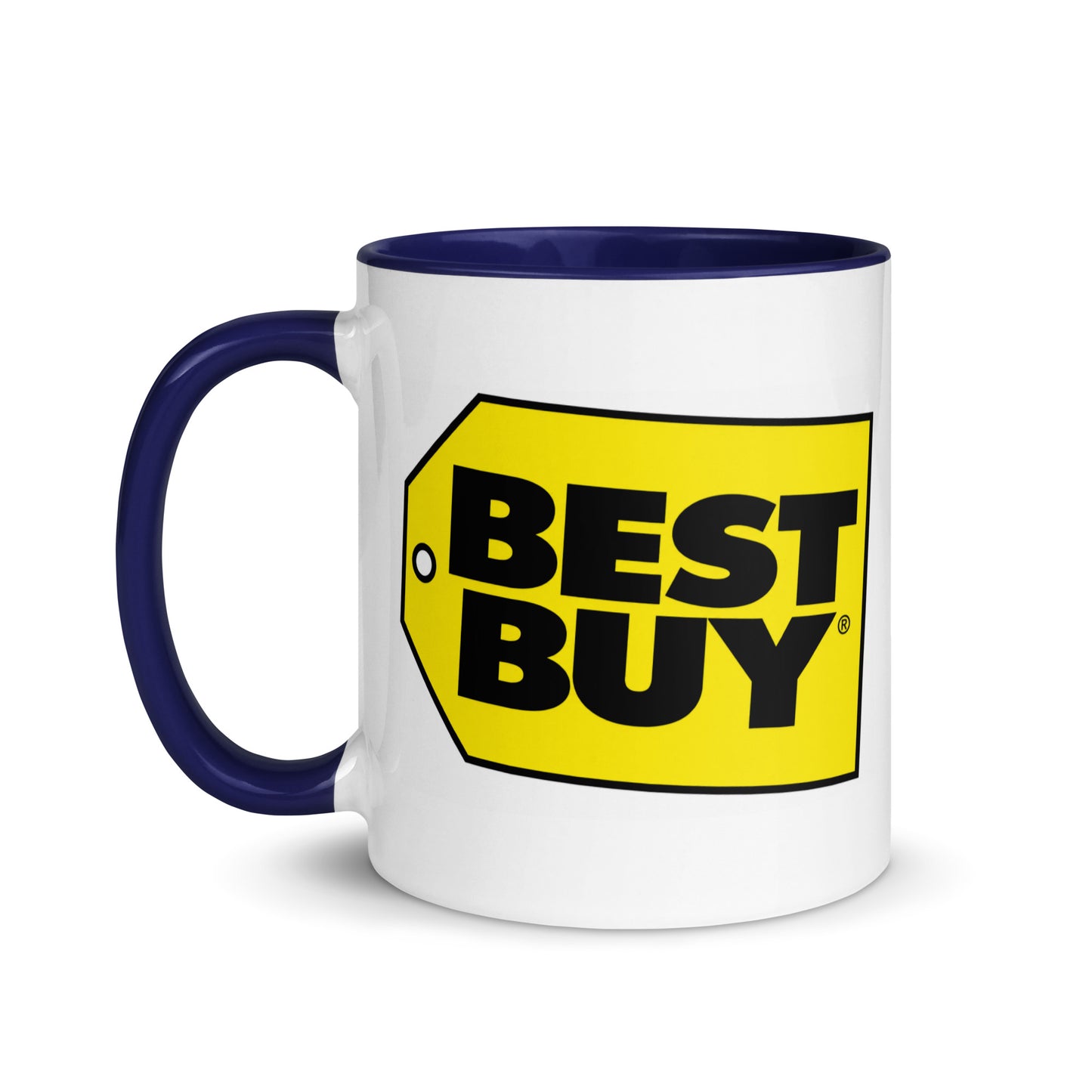 Classic Best Buy coffee mug with yellow price tag logo, nostalgic retail brand design on white ceramic with dark blue accents