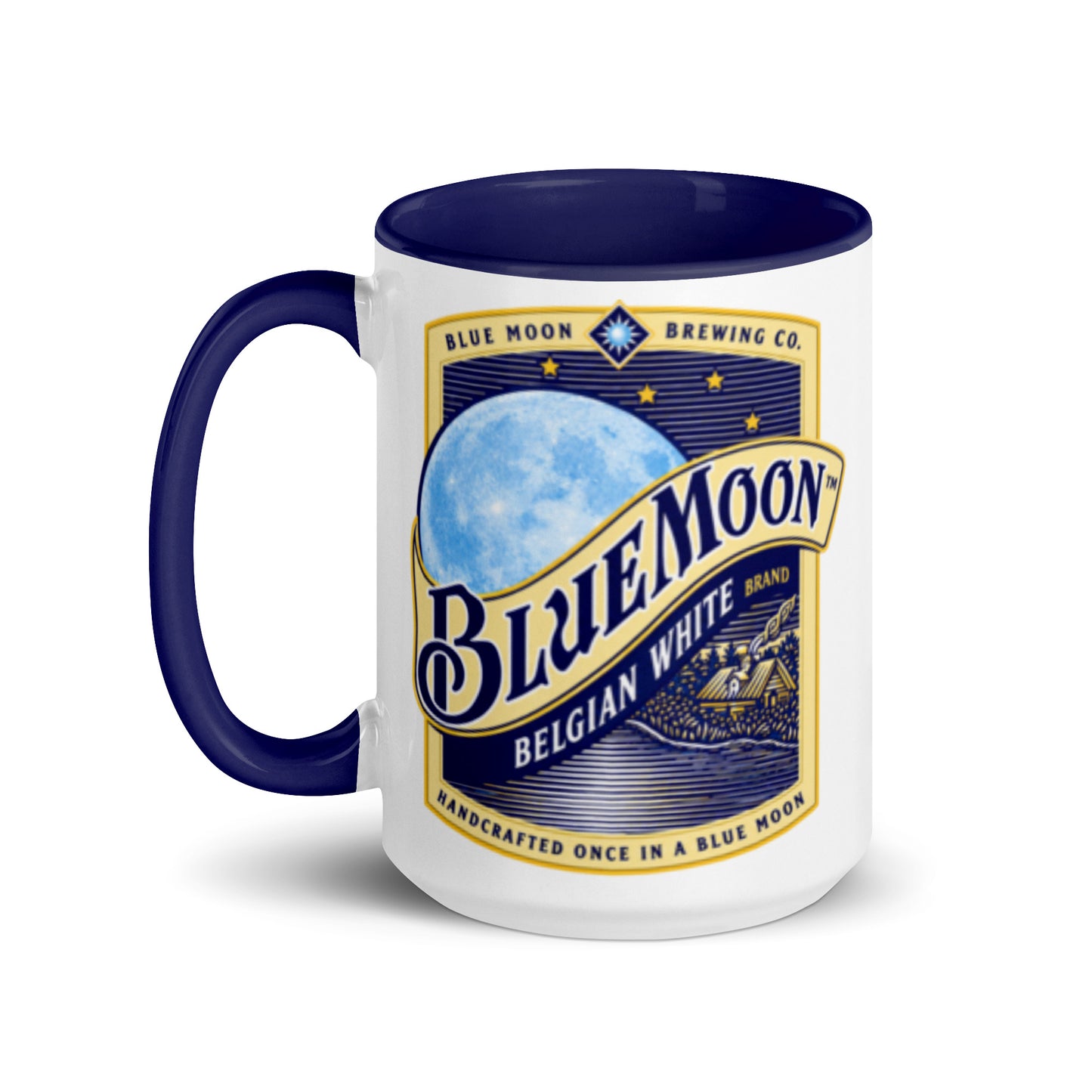 Classic Blue Moon Belgian White logo coffee mug featuring the iconic Blue Moon Brewing Company label on a premium white ceramic mug with a navy blue handle and interior, perfect for craft beer enthusiasts.