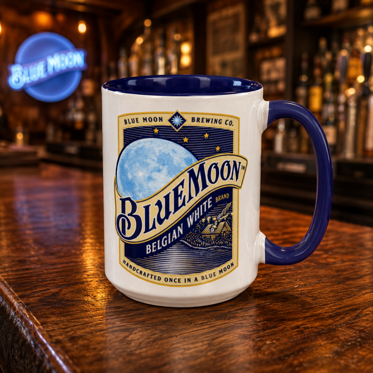 Classic Blue Moon Belgian White logo coffee mug featuring the iconic Blue Moon Brewing Company label on a premium white ceramic mug with a navy blue handle and interior, perfect for craft beer enthusiasts.
