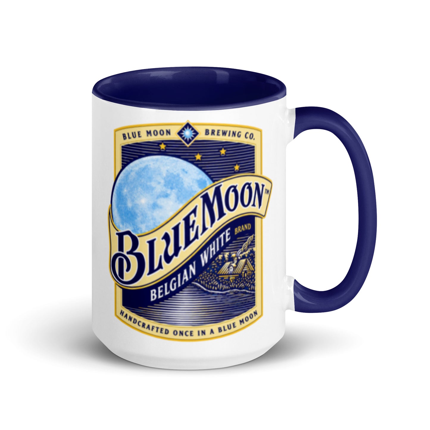 Vintage Blue Moon Brewing Company ceramic coffee mug with the classic Belgian White logo, white exterior with navy blue accents, ideal gift for beer lovers, brewery fans, and nostalgic barware collectors.