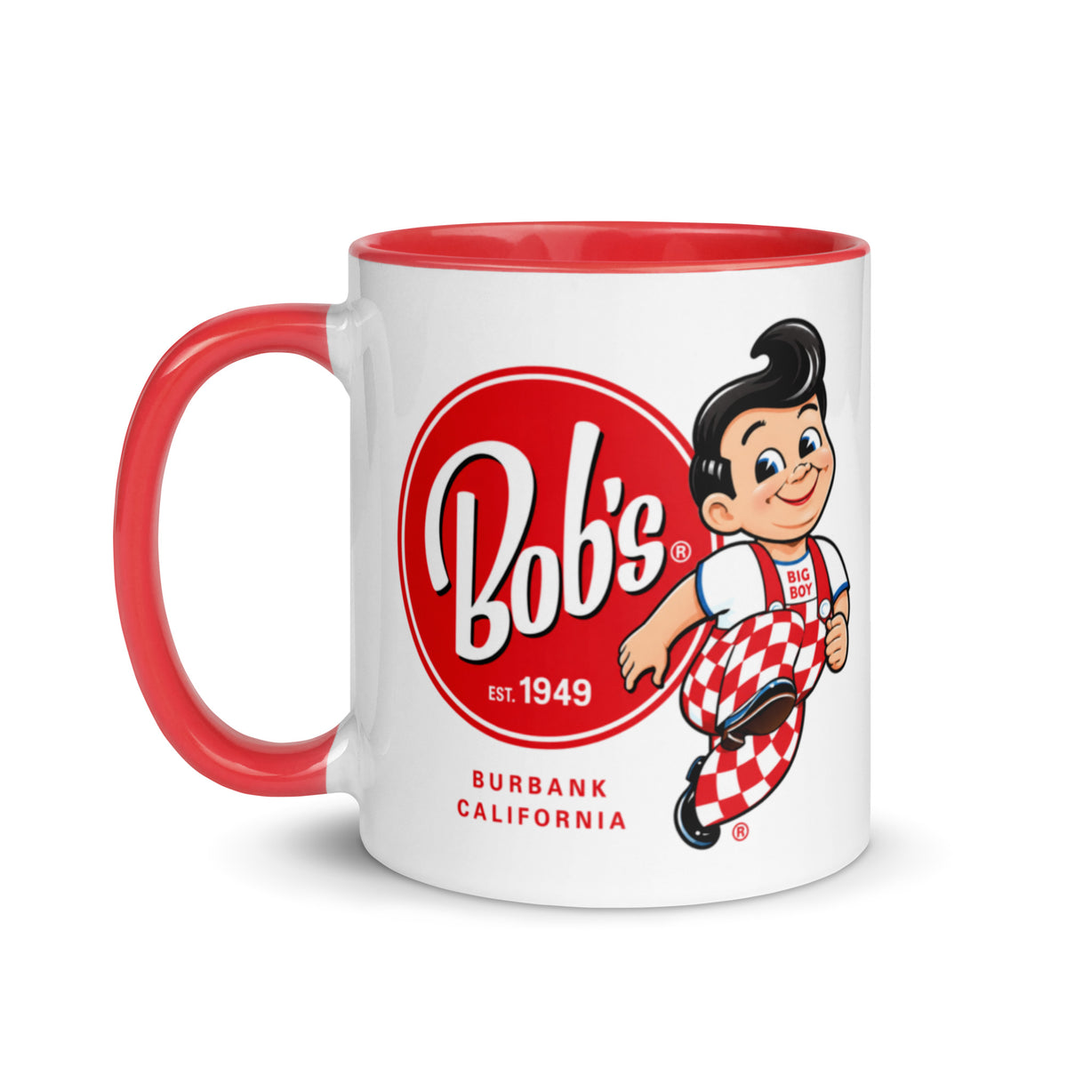 Vintage Bob’s Big Boy ceramic coffee mug with classic Burbank California restaurant logo and Big Boy mascot, perfect for retro diner and restaurant memorabilia collectors.
