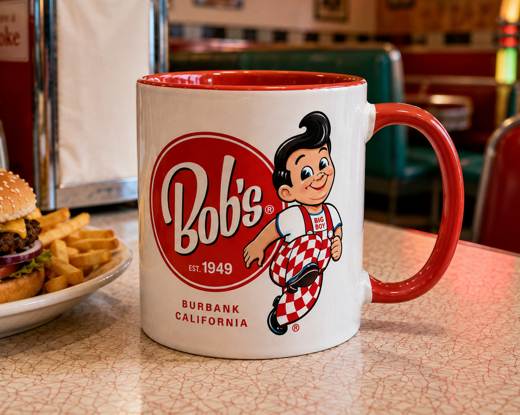 Classic Bob’s Big Boy Burbank logo coffee mug featuring the iconic Big Boy mascot and Est. 1949 design on a white ceramic mug with red handle and interior.