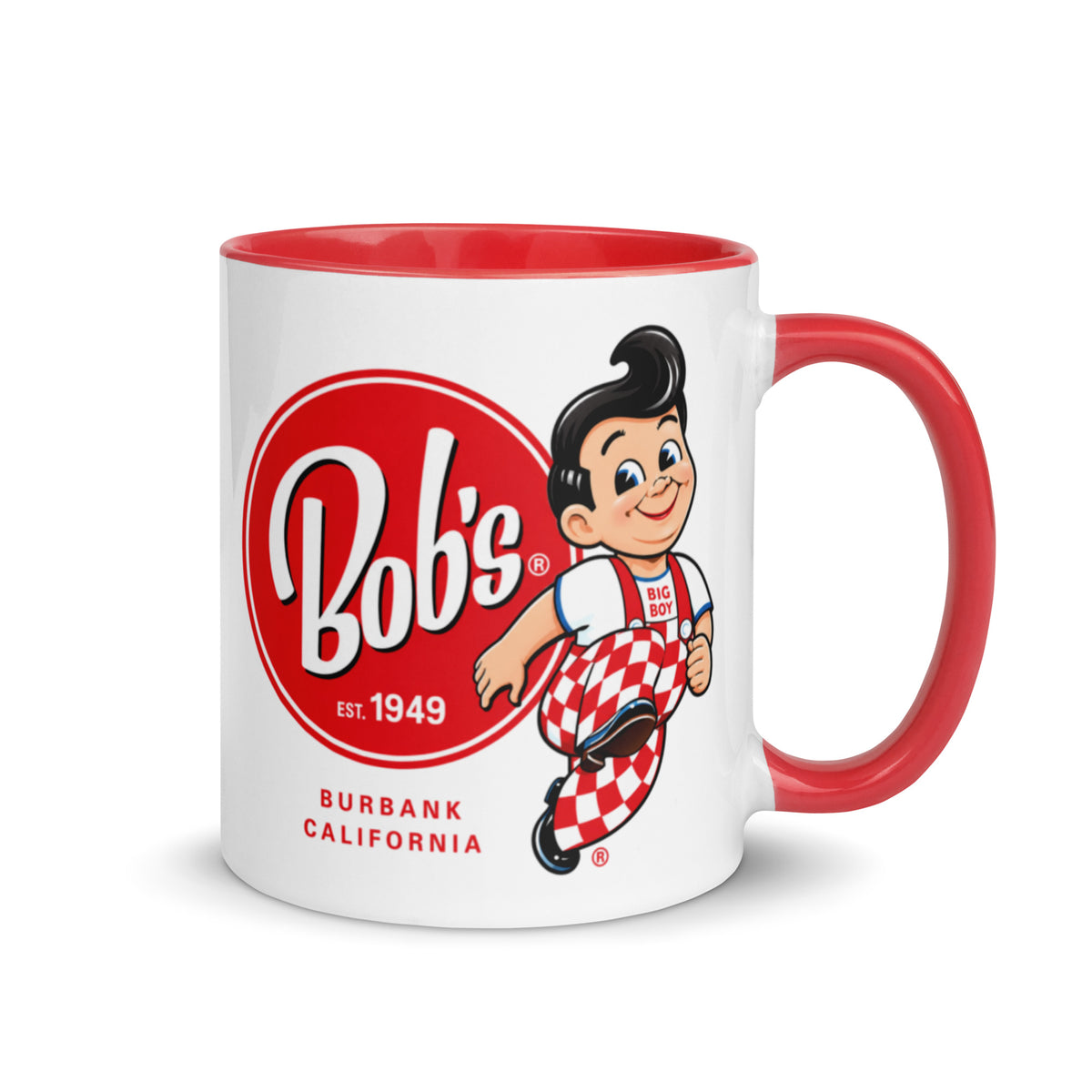 Classic Bob’s Big Boy Burbank logo coffee mug featuring the iconic Big Boy mascot and Est. 1949 design on a white ceramic mug with red handle and interior.