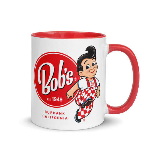 Classic Bob’s Big Boy Burbank logo coffee mug featuring the iconic Big Boy mascot and Est. 1949 design on a white ceramic mug with red handle and interior.