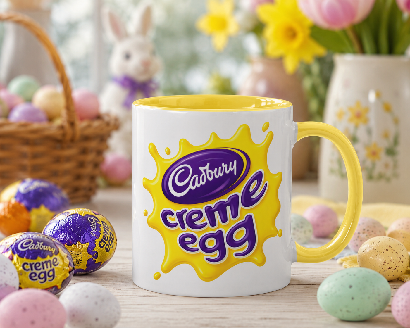 Cadbury Creme Egg 11 oz coffee mug featuring iconic purple logo and bright yellow splash design on white ceramic.
