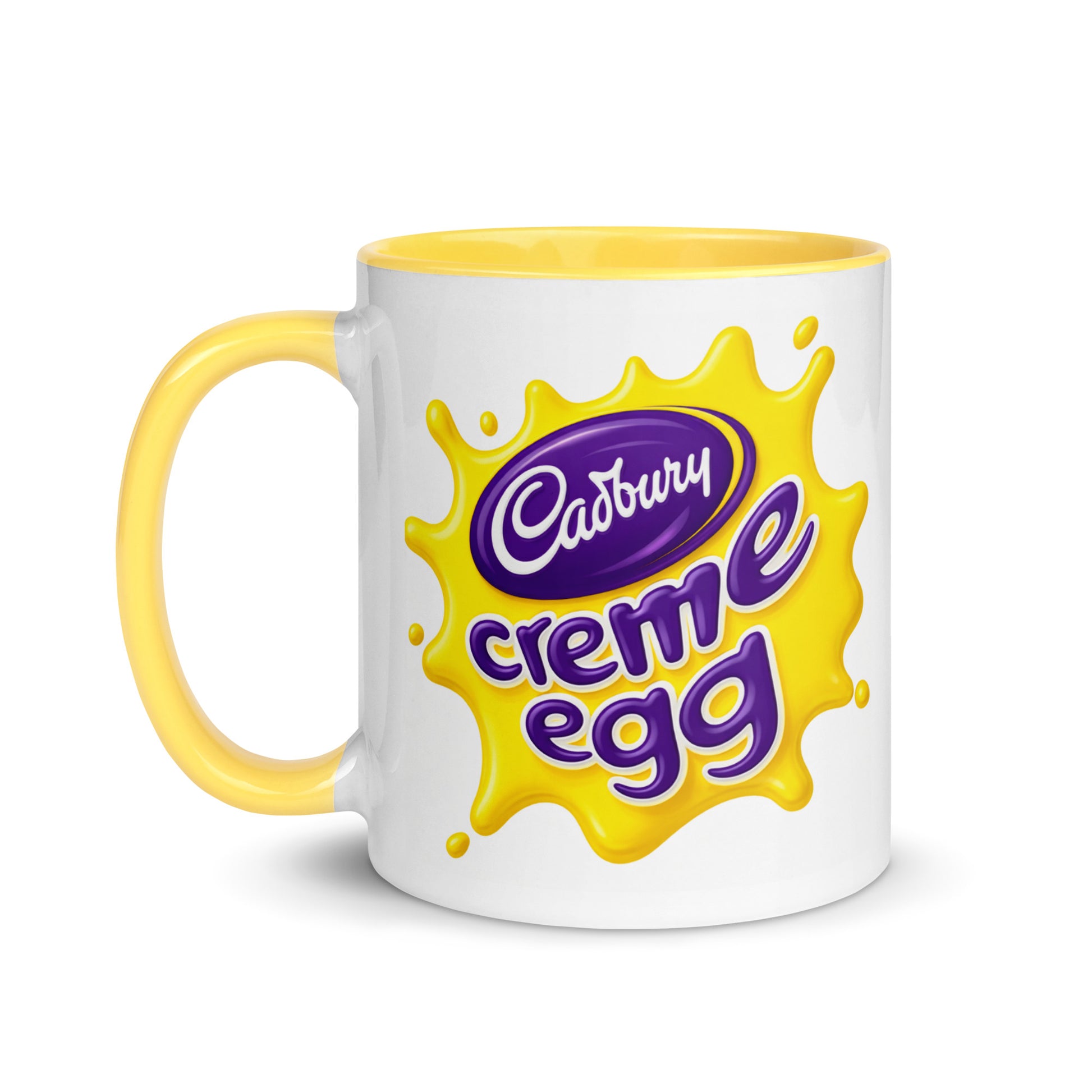Retro Cadbury Creme Egg ceramic coffee mug with yellow handle and colorful candy logo, nostalgic gift for Cadbury fans.
