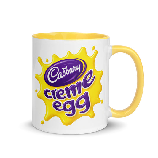 Cadbury Creme Egg coffee mug with classic purple and yellow logo, 11 oz ceramic mug with yellow handle and interior.