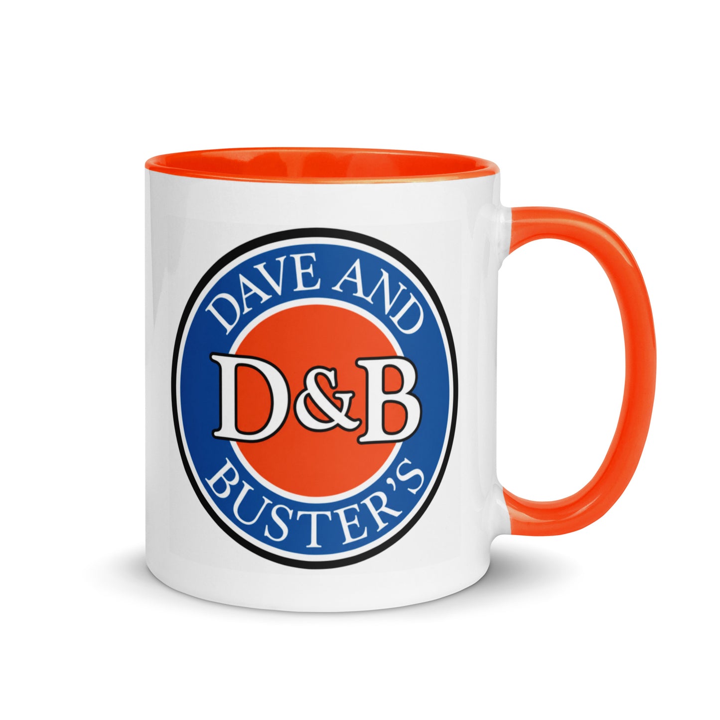 Dave & Buster’s D&B logo coffee mug, 11 oz white ceramic mug with orange handle and interior featuring classic restaurant arcade design