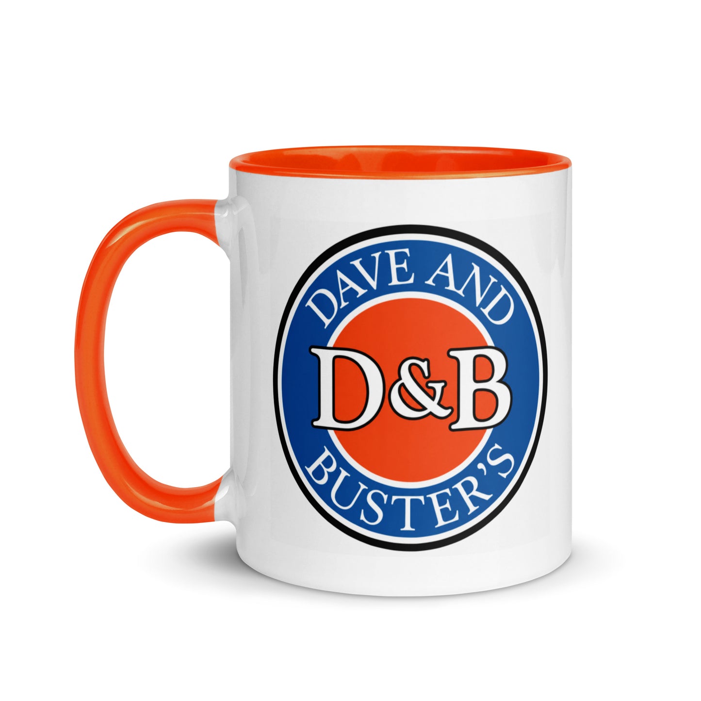 Classic Dave & Buster’s coffee mug with vintage-style D&B logo, orange accent handle and nostalgic restaurant arcade design
