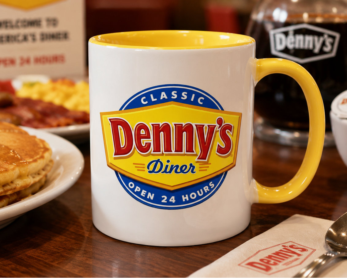 Classic Denny’s Diner 11 oz ceramic coffee mug featuring colorful retro restaurant logo with yellow handle and interior