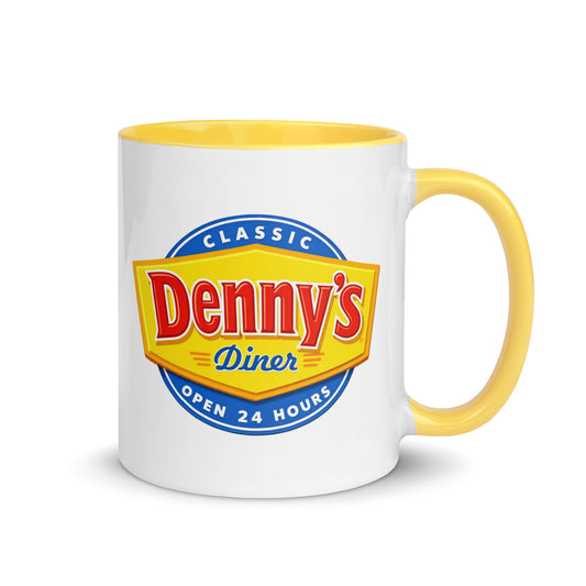 Denny’s Diner coffee mug with classic Open 24 Hours logo, 11 oz white ceramic mug with yellow handle and interior