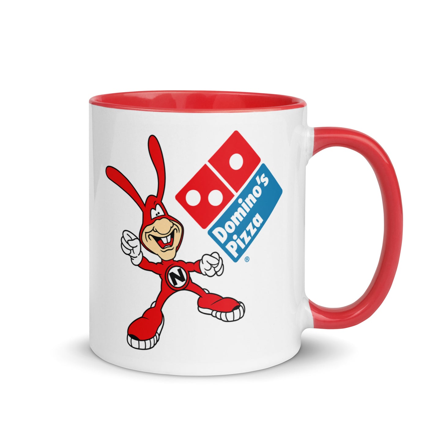 Domino’s Noid coffee mug with classic Domino’s Pizza logo, 11 oz white ceramic mug with red handle and interior
