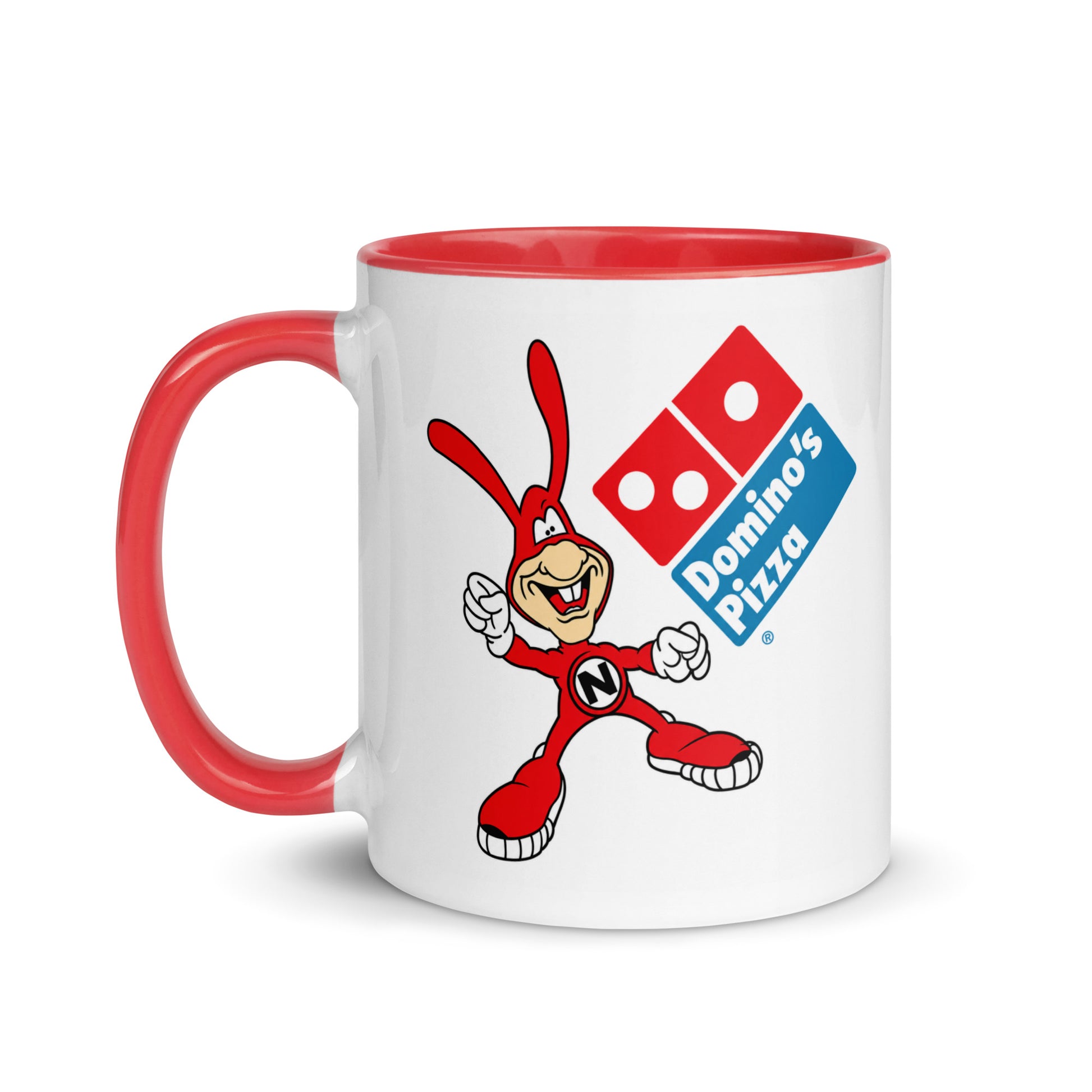 Retro Domino’s Noid coffee mug with red handle and classic pizza mascot design for nostalgic restaurant memorabilia fans