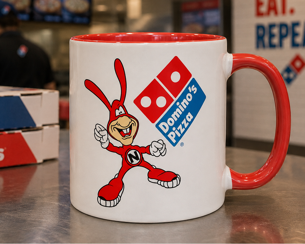 Vintage Domino’s Pizza Noid 11 oz ceramic coffee mug featuring classic red Noid mascot and Domino’s logo