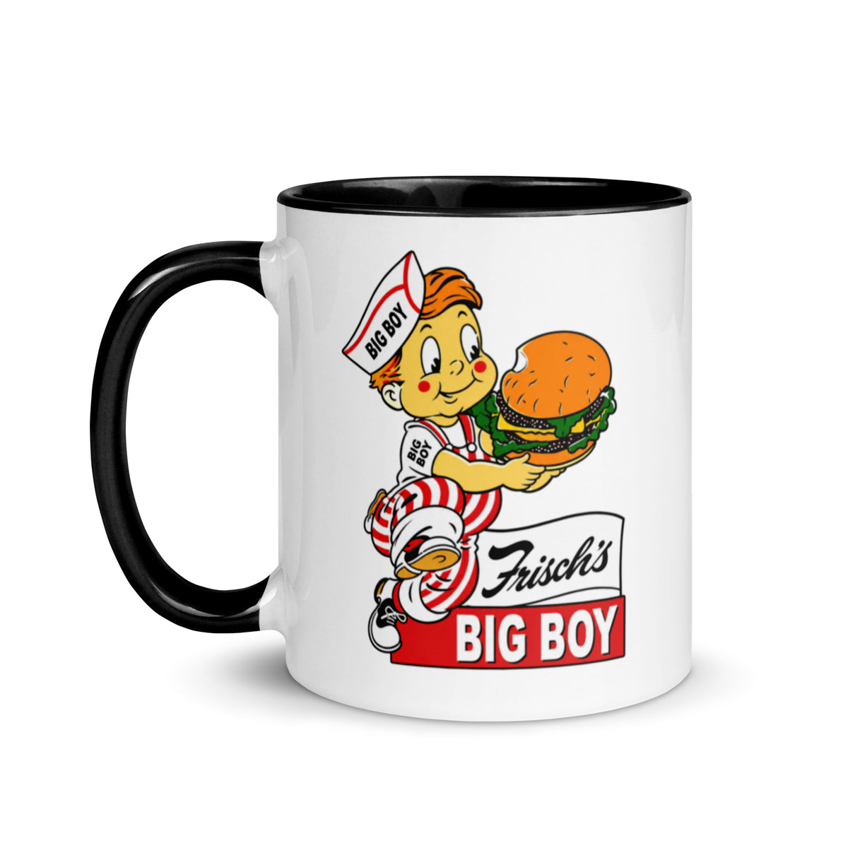 Vintage Frisch’s Big Boy ceramic coffee mug with classic hamburger mascot logo, perfect for retro diner fans, restaurant memorabilia collectors, and nostalgic Americana lovers.