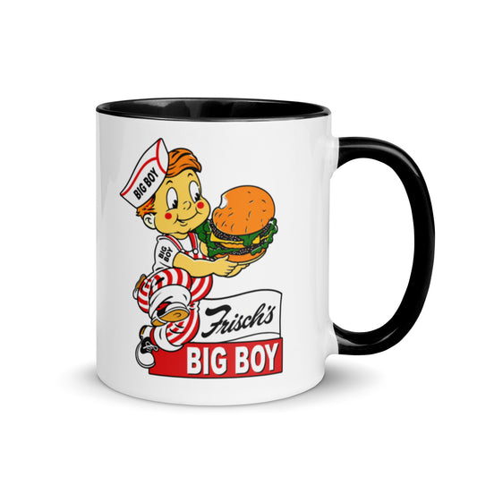 Classic Frisch’s Big Boy logo coffee mug featuring the iconic Big Boy mascot holding a hamburger on a white ceramic mug with black handle and interior.
