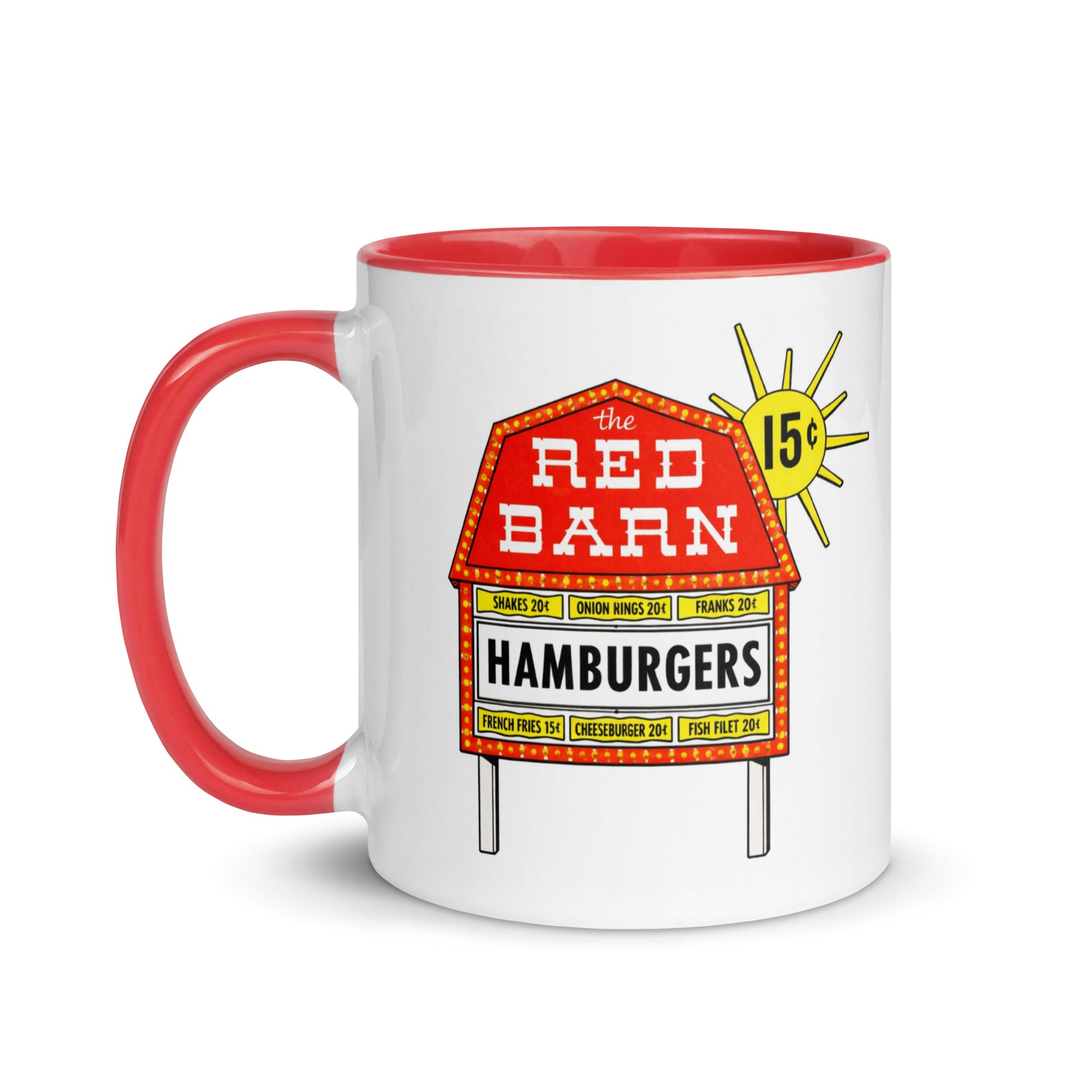 Red Barn Hamburgers coffee mug with red accent handle and interior, featuring the iconic vintage fast food restaurant sign design on a white ceramic coffee cup.