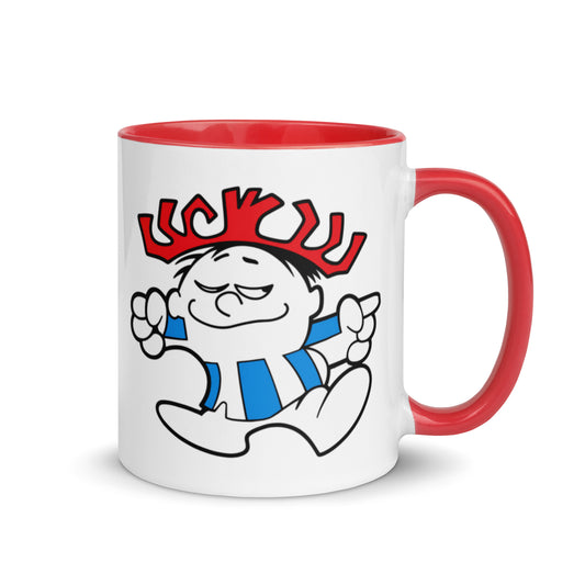 Vintage Hawaiian Punch mascot coffee mug with classic Punchy character design, red handle and interior, nostalgic retro drink collectible.