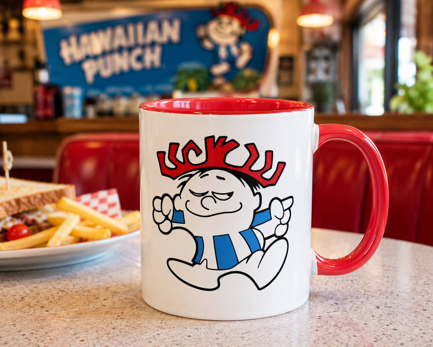 Hawaiian Punch 11 oz ceramic coffee mug featuring the classic Punchy mascot with colorful red and blue vintage beverage artwork.