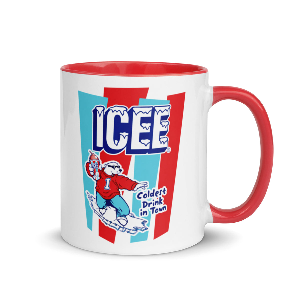 ICEE logo 11 oz ceramic coffee mug with classic ICEE Bear mascot, red handle and red interior