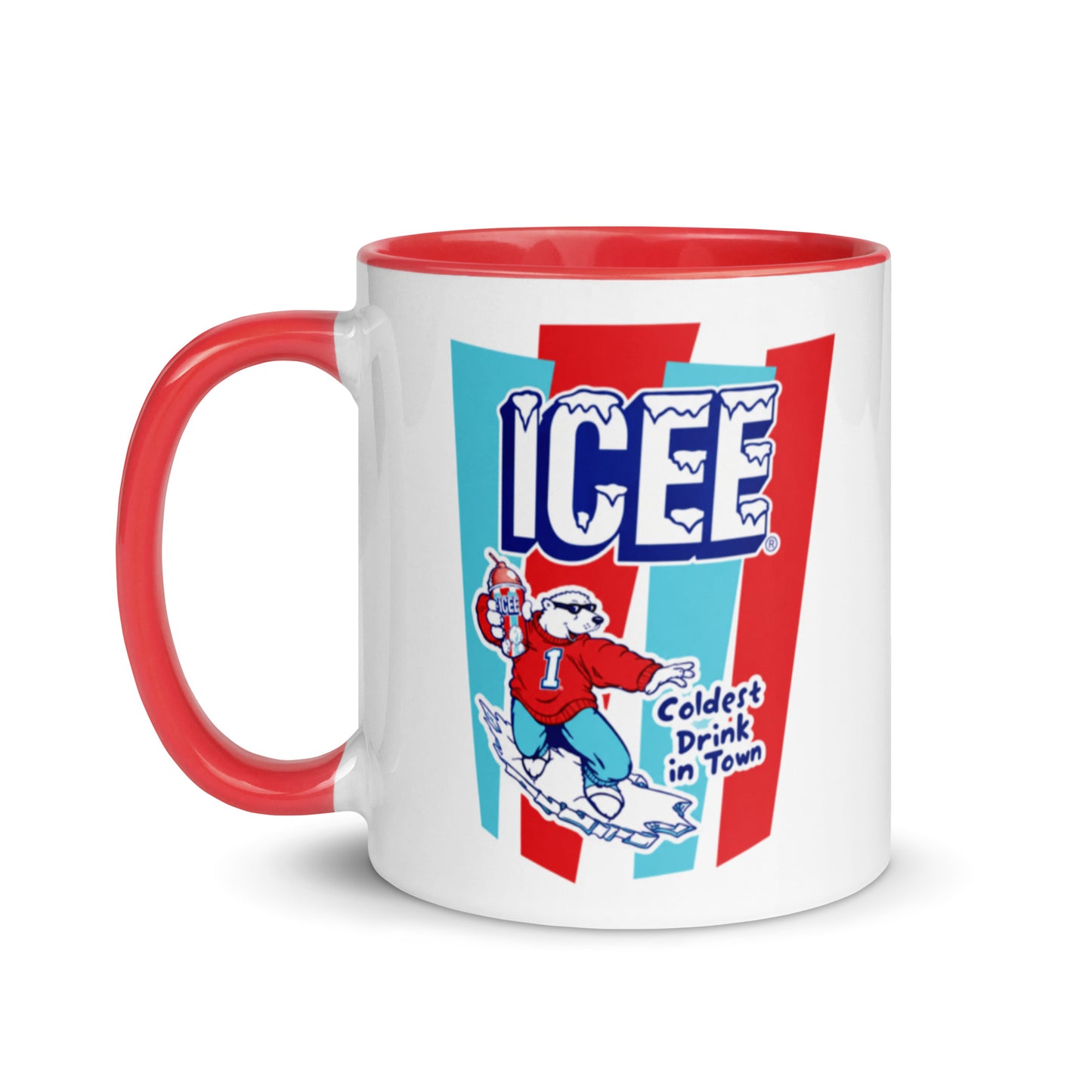 Retro ICEE Bear coffee mug with colorful frozen drink logo and red handle for nostalgic convenience store and ICEE fans