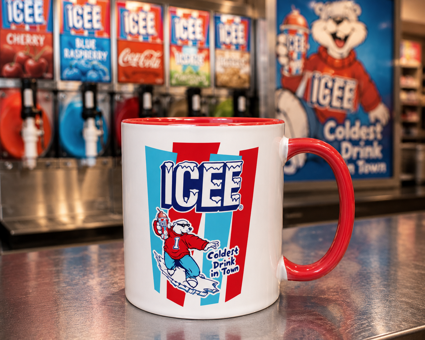 Classic ICEE coffee mug featuring vintage ICEE Bear and Coldest Drink in Town design on white ceramic with red accents