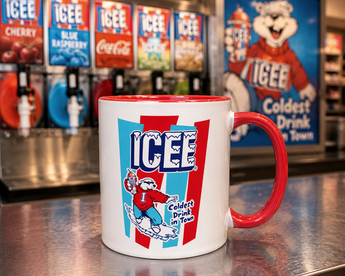 Classic ICEE coffee mug featuring vintage ICEE Bear and Coldest Drink in Town design on white ceramic with red accents