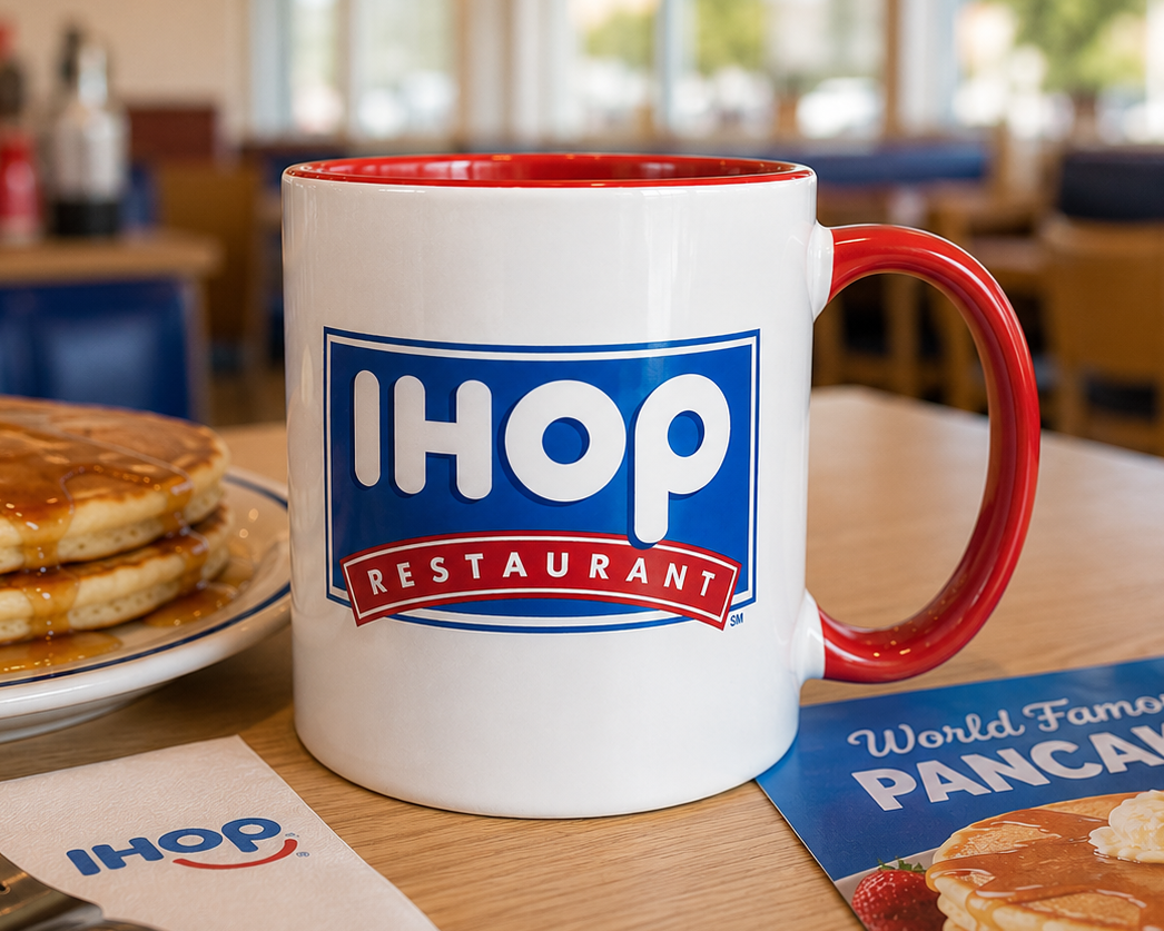 Classic IHOP Restaurant logo coffee mug with retro blue and red design on white ceramic with red handle and interior.