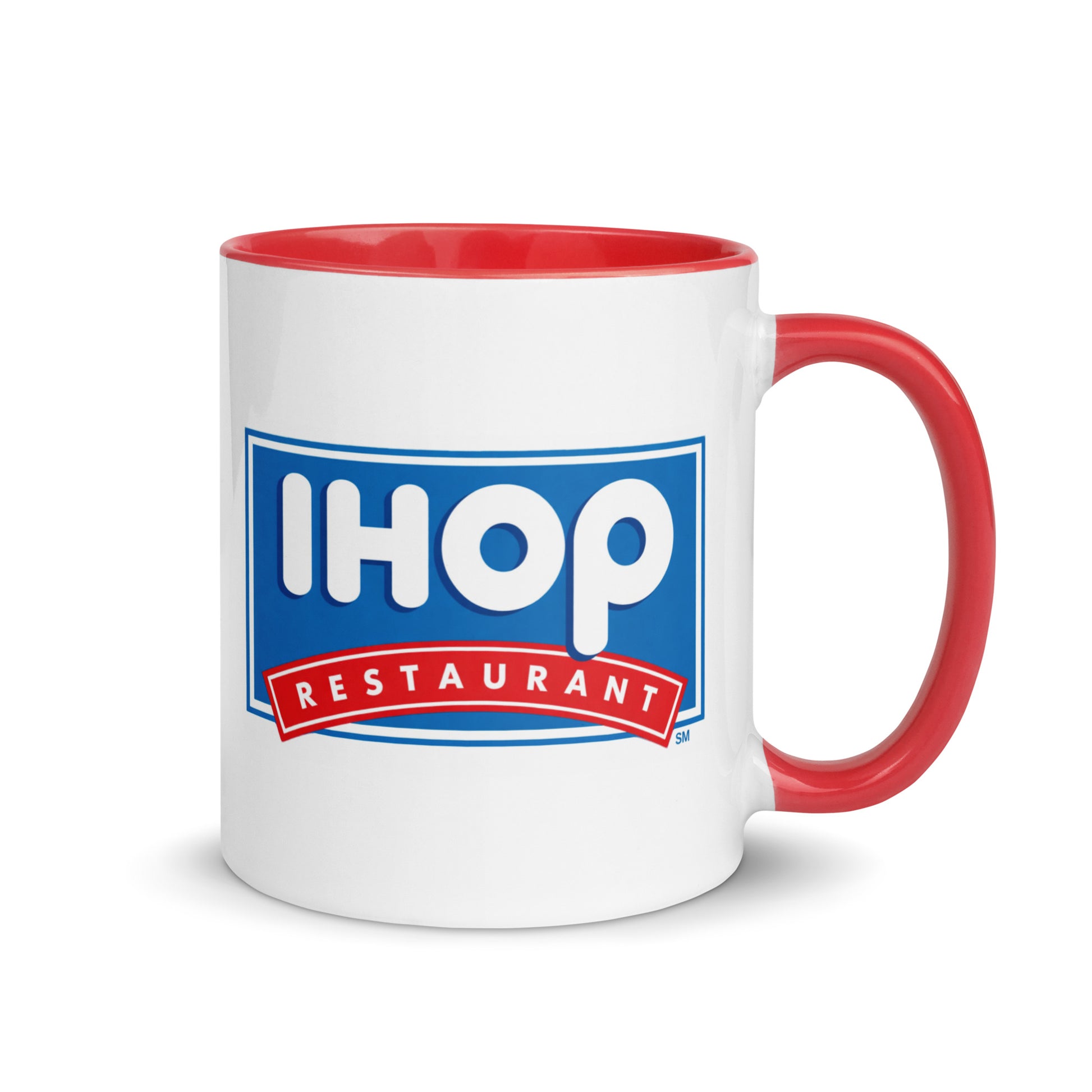 Classic IHOP Restaurant logo coffee mug with retro blue and red design on white ceramic with red handle and interior.