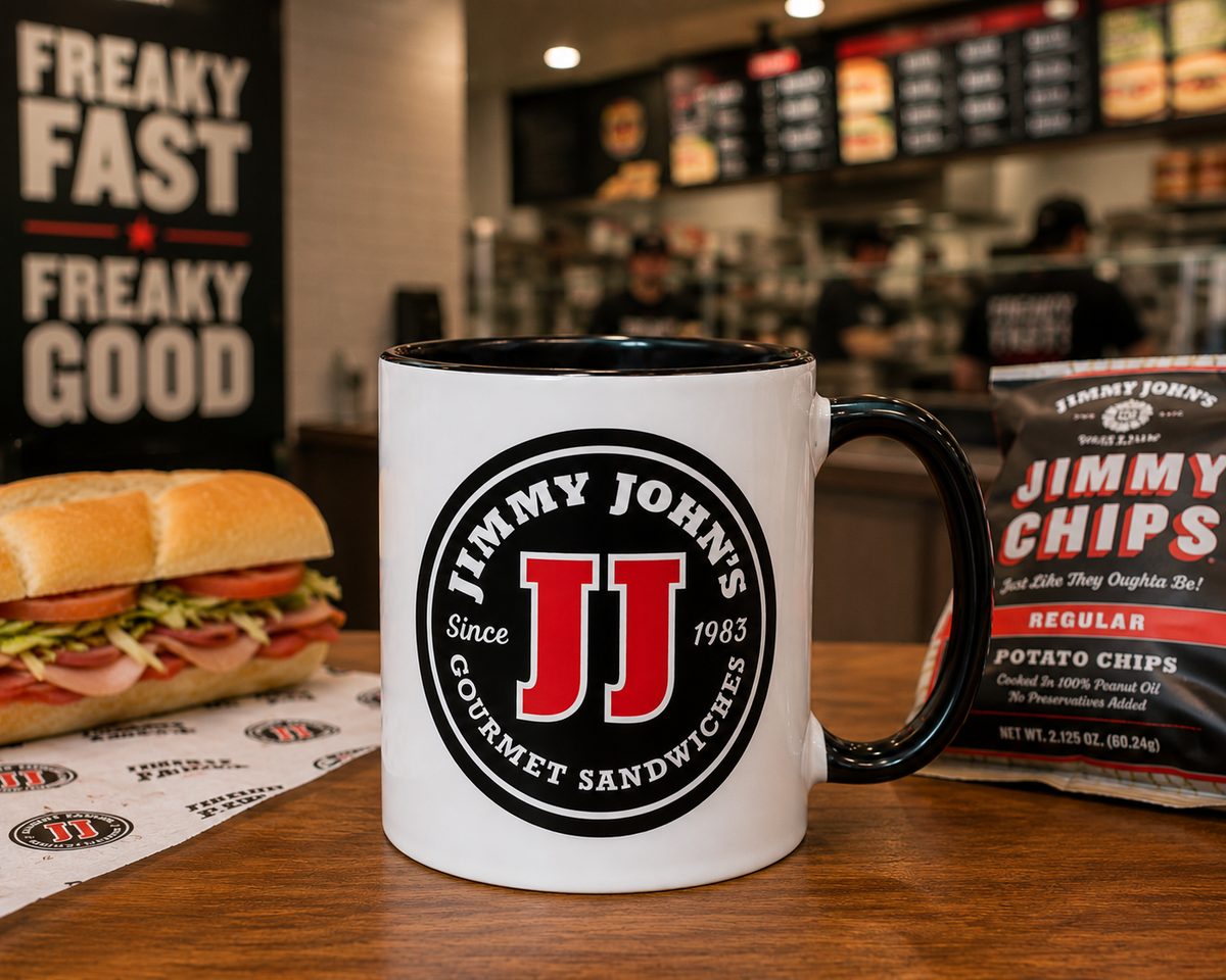 Classic Jimmy John’s coffee mug featuring red JJ Gourmet Sandwiches logo on white ceramic with black handle and interior