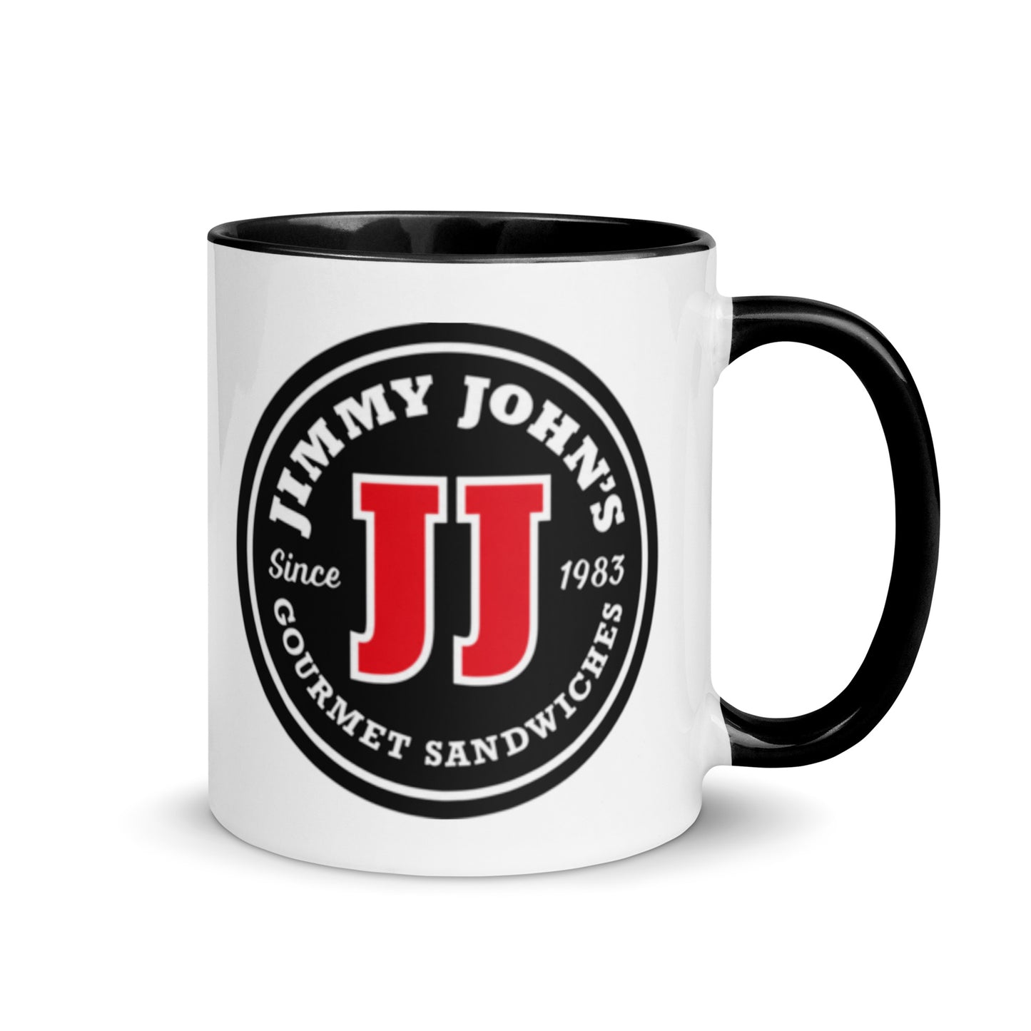 Jimmy John’s Gourmet Sandwiches logo 11 oz ceramic coffee mug with classic red and black design and black handle