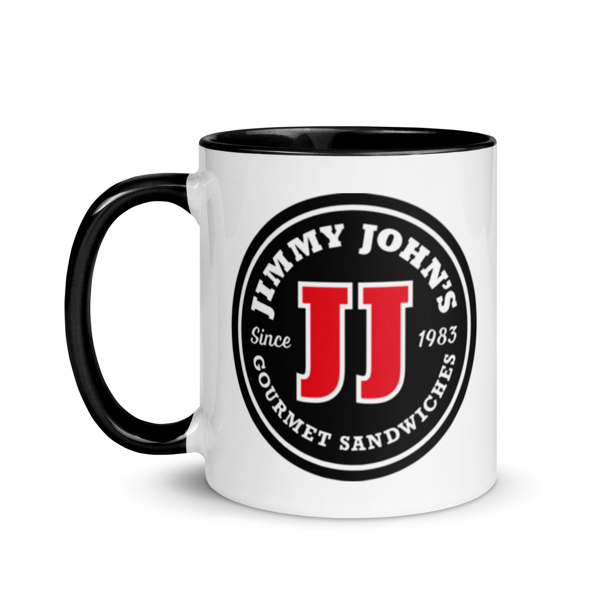 Jimmy John’s Gourmet Sandwiches coffee mug with classic Since 1983 logo and black accents for restaurant memorabilia fans