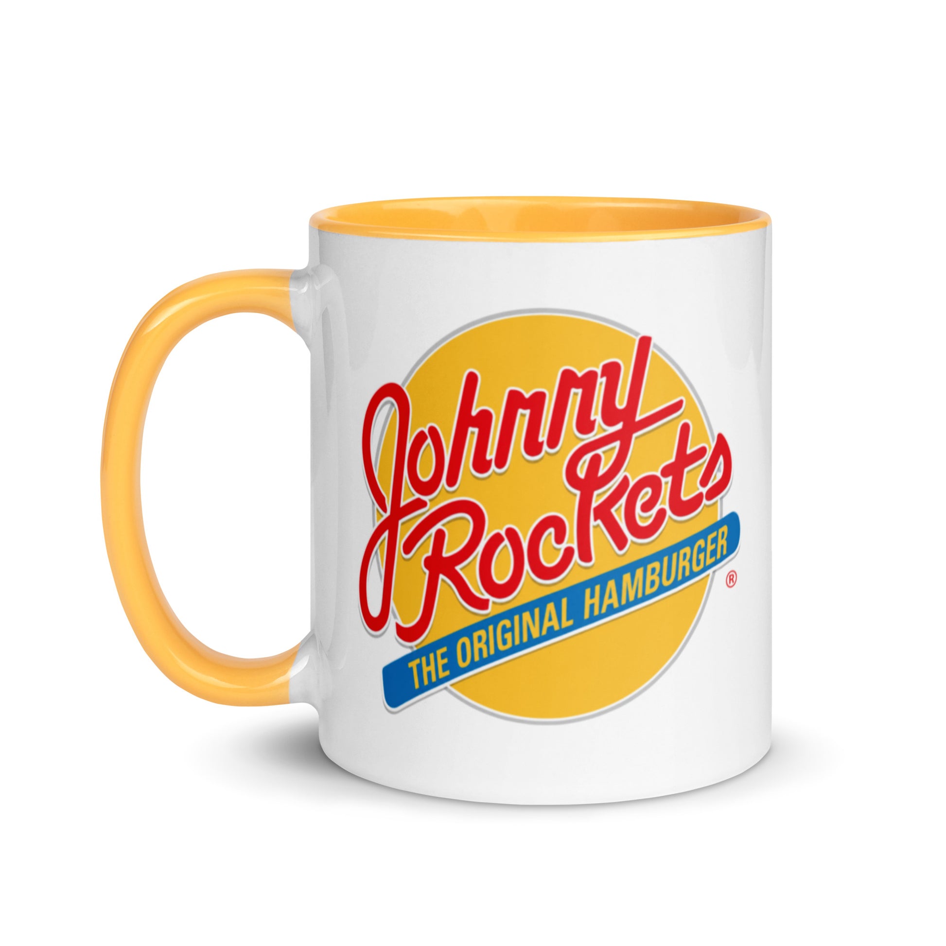 Retro Johnny Rockets Original Hamburger coffee mug with vintage diner logo and yellow handle for nostalgic restaurant fans